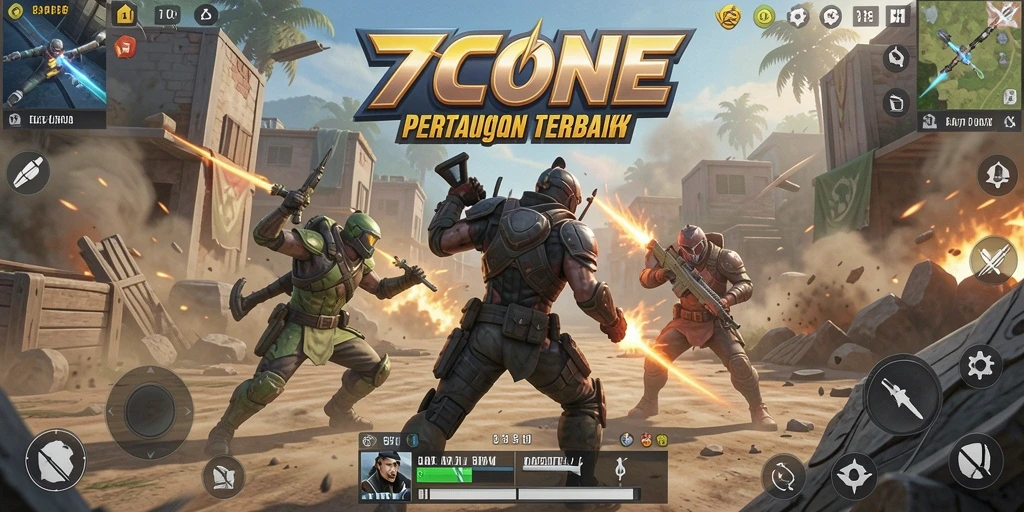 Tangkapan layar utama 7CONE menunjukkan aksi pertarungan seru dalam mode Battle Royale.