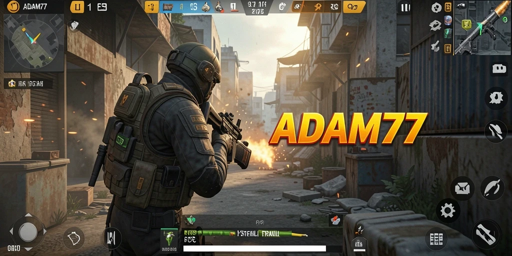 Screenshot gameplay ADAM77 menampilkan aksi tembak-menembak yang intens.