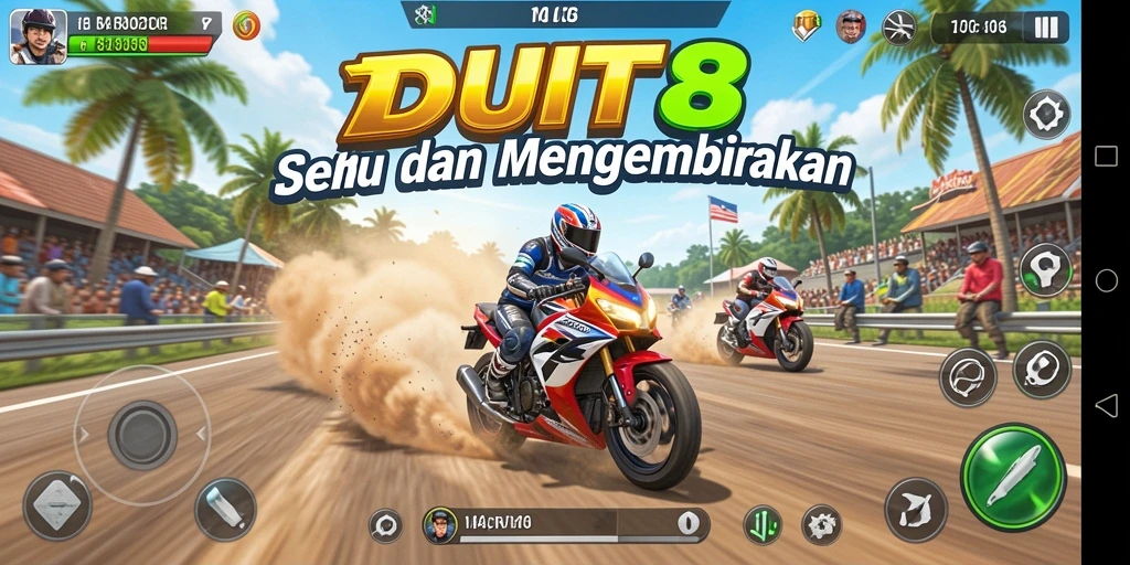 Screenshot gameplay DUIT8 menampilkan balapan motor yang mendebarkan.