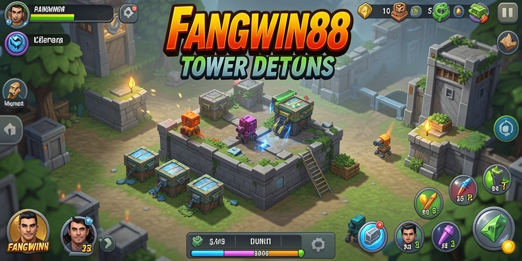 Screenshot FANGWIN88 menampilkan pertempuran strategi Tower Defense yang intens.