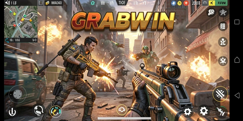 Screenshot gameplay <strong>GRABWIN</strong> menunjukkan aksi tembak-menembak yang intens.