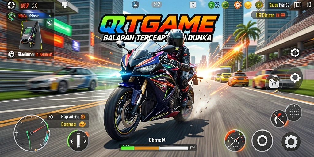 Screenshot QTGAME menampilkan aksi balapan motor yang mendebarkan.