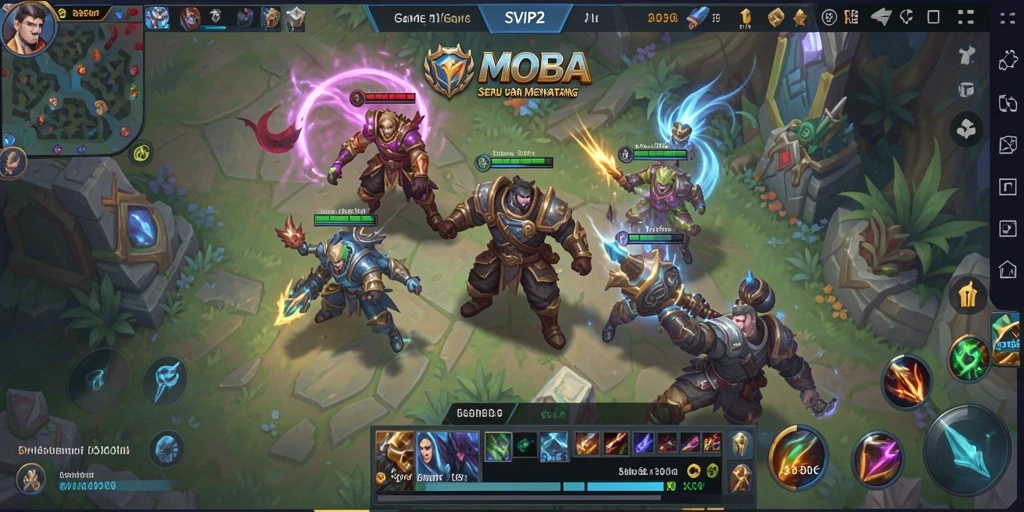 Screenshot gameplay SVIP2 menampilkan pertarungan seru antar hero.