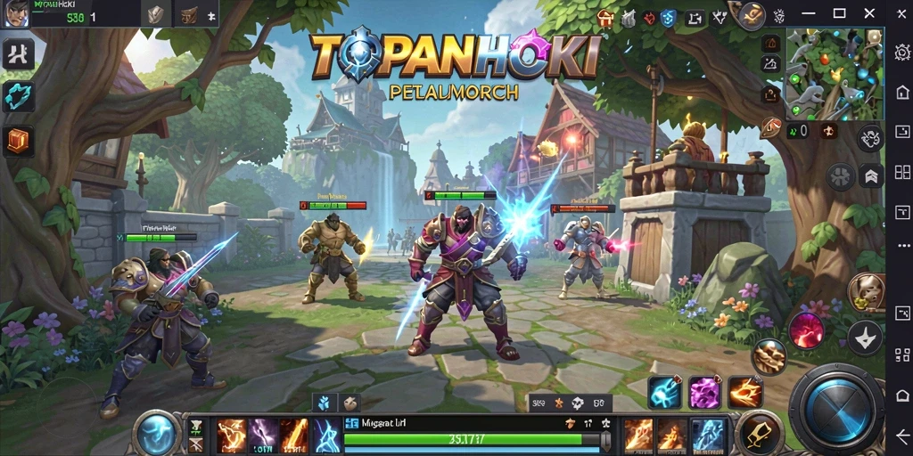 Screenshot gameplay dari TOPANHOKI menampilkan pertempuran epik antara karakter dan monster.