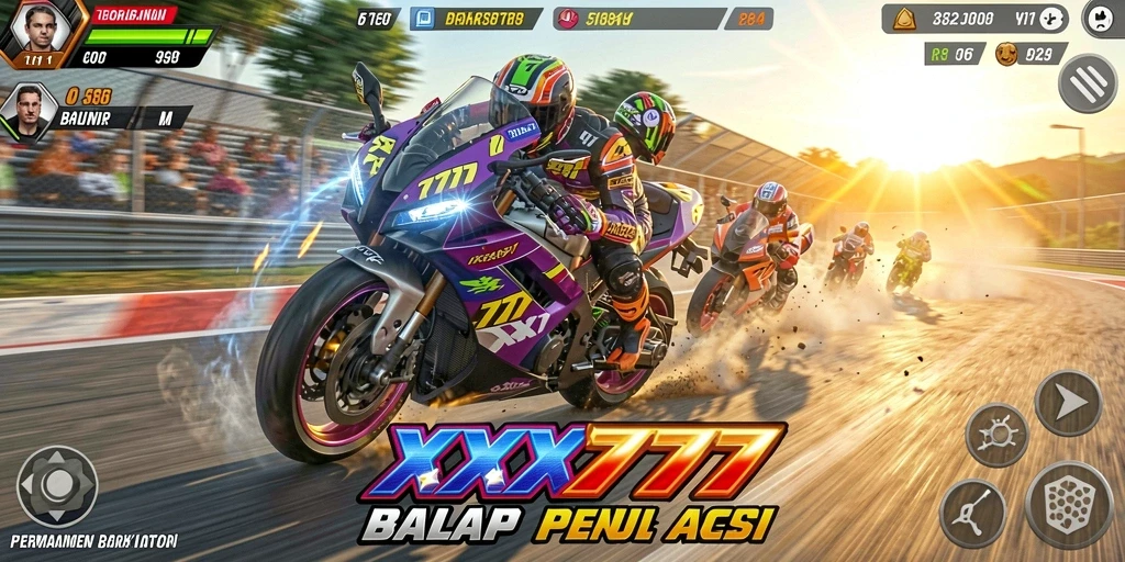 Tampilan gameplay seru di XXX777 dengan balapan motor yang menegangkan.